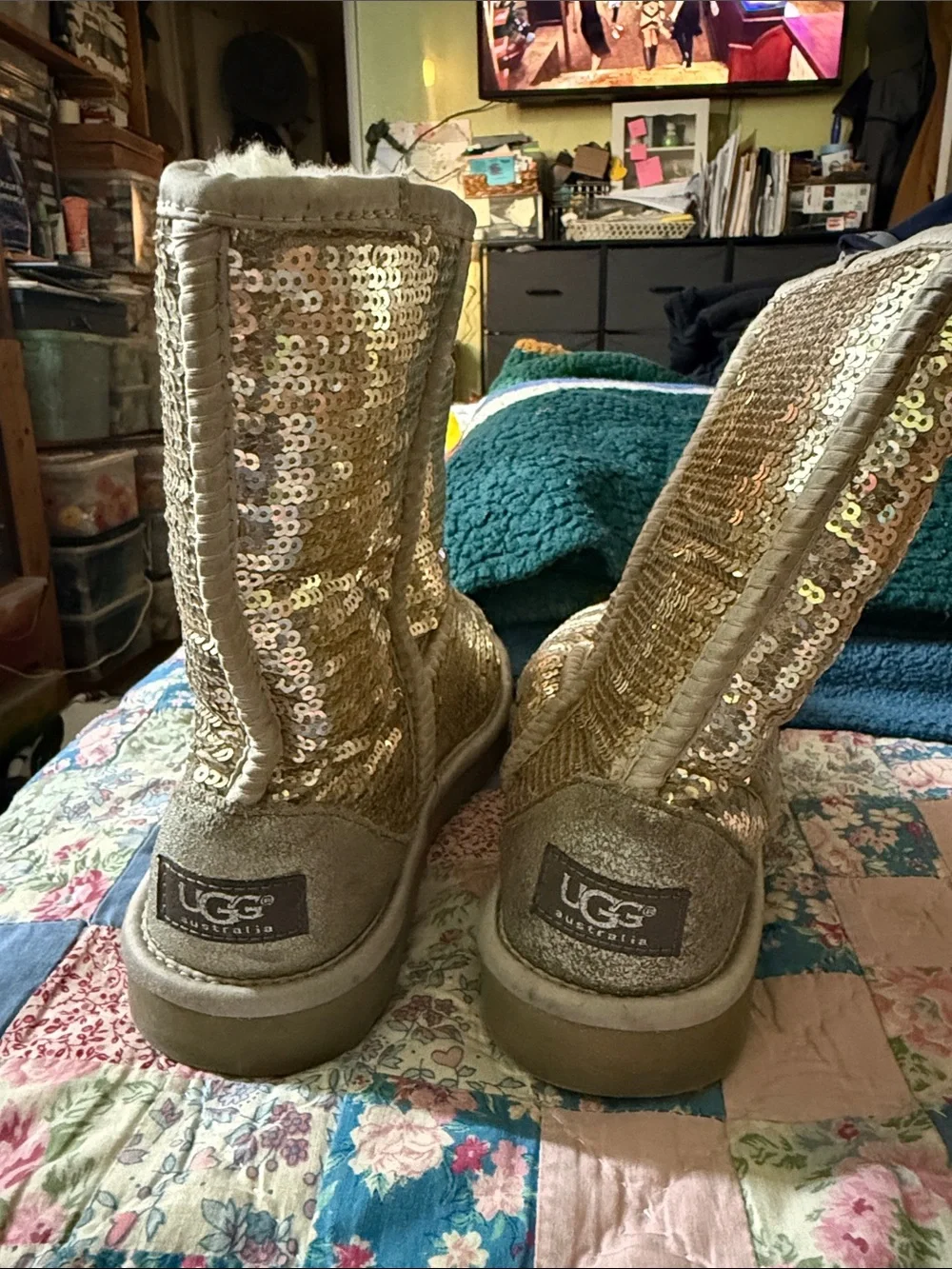 UGG Gold Sequin Slip-On Shearling Boots